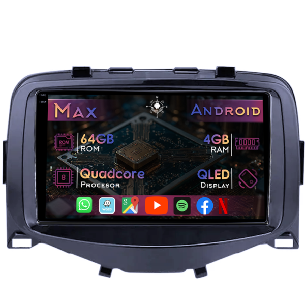 Navigatie dedicata Peugeot 108 2016, 4GB RAM 64GB ROM, Quad Core, Display 9" QLED 1K, Carplay&Android Auto, Android 14, Suport camere AHD