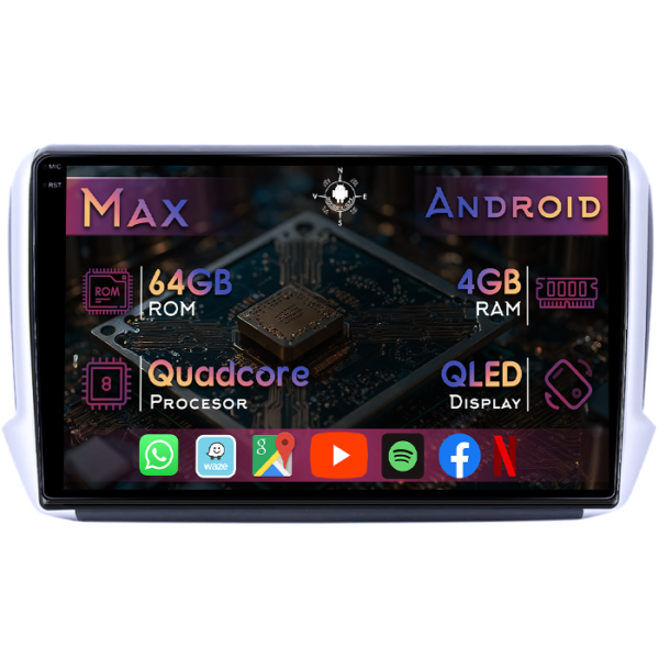 Navigatie dedicata Peugeot 208 2012-2019, 4GB RAM 64GB ROM, Quad Core, Display 10" QLED 1K, Carplay&Android Auto, Android 14, Suport camere AHD