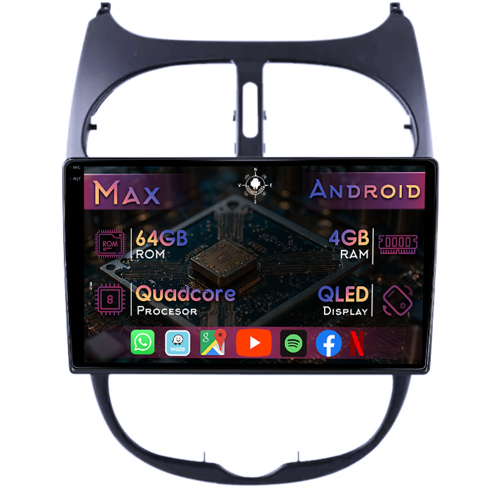 Navigatie dedicata Peugeot 206 2004-2008, 4GB RAM 64GB ROM, Quad Core, Display 9" QLED 1K, Carplay&Android Auto, Android 14, Suport camere AHD - imagine 1