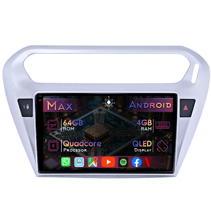 Navigatie dedicata Peugeot 301 2012+, 4GB RAM 64GB ROM, Quad Core, Display 9" QLED 1K, Carplay&Android Auto, Android 14, Suport camere AHD - imagine 1