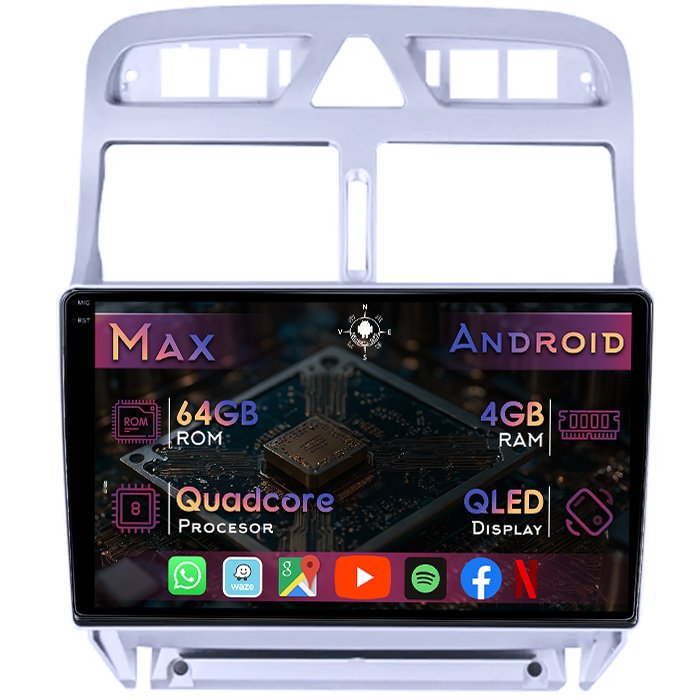 Navigatie dedicata Peugeot 307 2000-2013, 4GB RAM 64GB ROM, Quad Core, Display 9" QLED 1K, Carplay&Android Auto, Android 14, Suport camere AHD - imagine 1