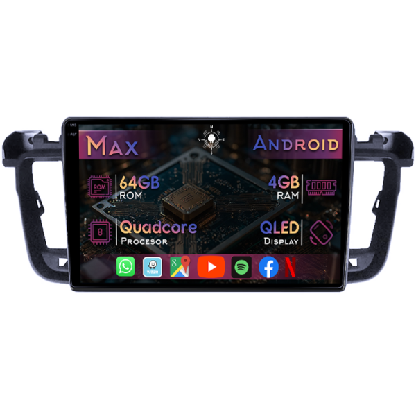 Navigatie dedicata Peugeot 508 2010-2018, 4GB RAM 64GB ROM, Quad Core, Display 9" QLED 1K, Carplay&Android Auto, Android 14, Suport camere AHD
