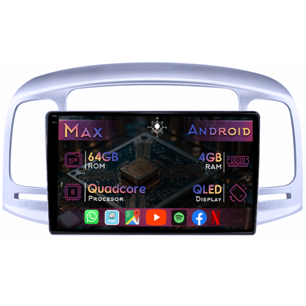 Navigatie dedicata Hyundai Accent 2006-2011, 4GB RAM 64GB ROM, Quad Core, Display 9" QLED 1K, Carplay&Android Auto, Android 14, Suport camere AHD