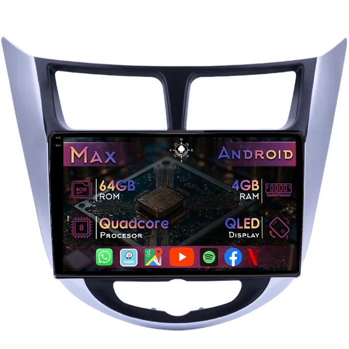 Navigatie dedicata Hyundai Accent 2010-2016, 4GB RAM 64GB ROM, Quad Core, Display 9" QLED 1K, Carplay&Android Auto, Android 14, Suport camere AHD - imagine 1