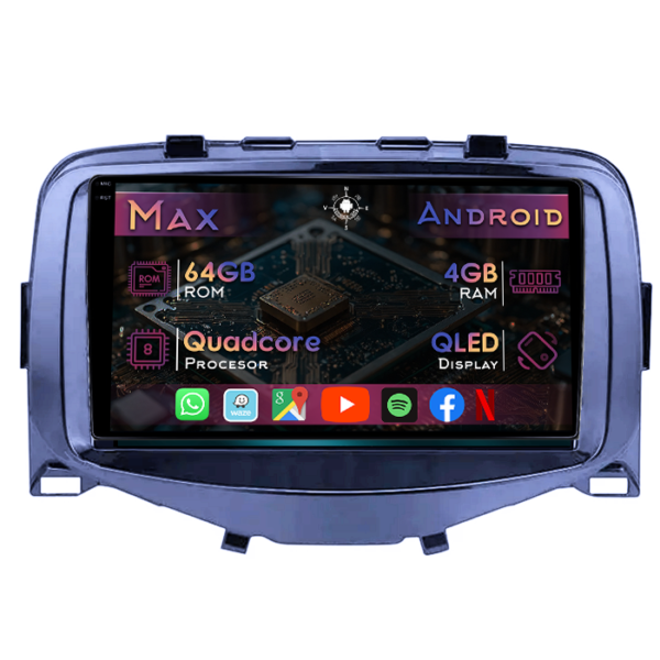 Navigatie dedicata Toyota Aygo 2016, 4GB RAM 64GB ROM, Quad Core, Display 9" QLED 1K, Carplay&Android Auto, Android 14