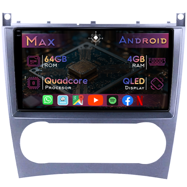 Navigatie dedicata Mercedes C Class W203 2004-2007, 4GB RAM 64GB ROM, Quad Core, Display 9" QLED 1K, Carplay&Android Auto, Android 14, Suport camere AHD
