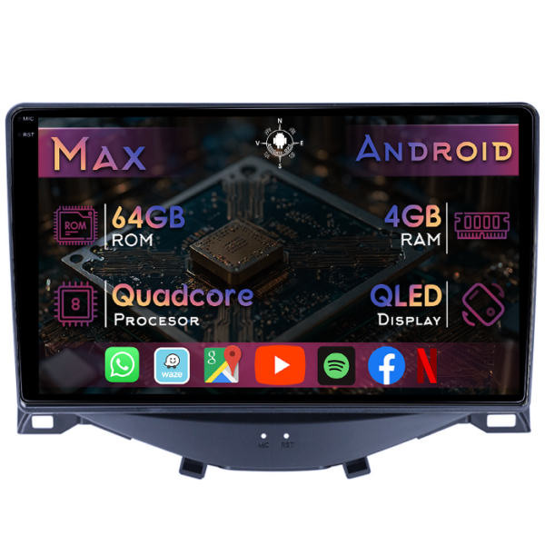 Navigatie dedicata Citroen C1 2014-2022, 4GB RAM 64GB ROM, Quad Core, Display 9" QLED 1K, Carplay&Android Auto, Android 14, Suport camere AHD