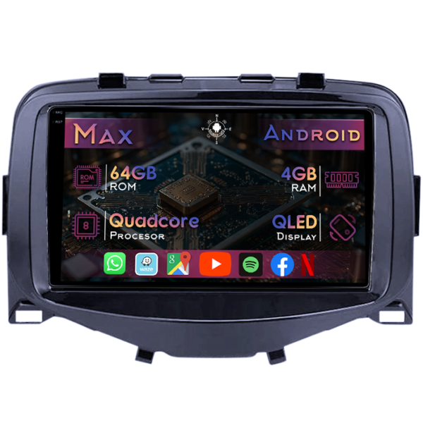 Navigatie dedicata Citroen C1 2016, 4GB RAM 64GB ROM, Quad Core, Display 9" QLED 1K, Carplay&Android Auto, Android 14, Suport camere AHD