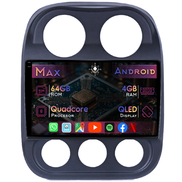 Navigatie dedicata Jeep Compass Patriot 2010-2016, 4GB RAM 64GB ROM, Quad Core, Display 10" QLED 1K, Carplay&Android Auto, Android 14, Suport camere AHD