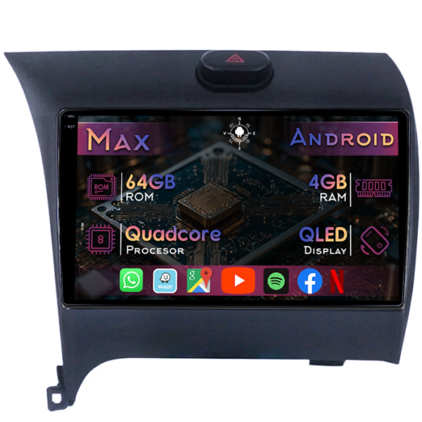 Navigatie dedicata Kia Cerato 2013-2017, 4GB RAM 64GB ROM, Quad Core, Display 9" QLED 1K, Carplay&Android Auto, Android 14, Suport camere AHD