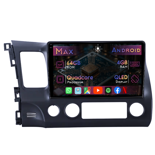 Navigatie dedicata Honda Civic 2006-2011, 4GB RAM 64GB ROM, Quad Core, Display 10" QLED 1K, Carplay&Android Auto, Android 14, Suport camere AHD