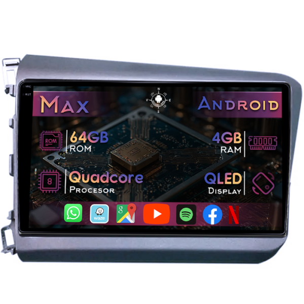 Navigatie dedicata Honda Civic 2011-2015, 4GB RAM 64GB ROM, Quad Core, Display 9" QLED 1K, Carplay&Android Auto, Android 14, Suport camere AHD