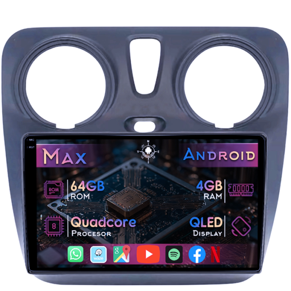Navigatie dedicata Dacia Dokker 2012+, 4GB RAM 64GB ROM, Quad Core, Display 9" QLED 1K, Carplay&Android Auto, Android 14, Suport camere AHD