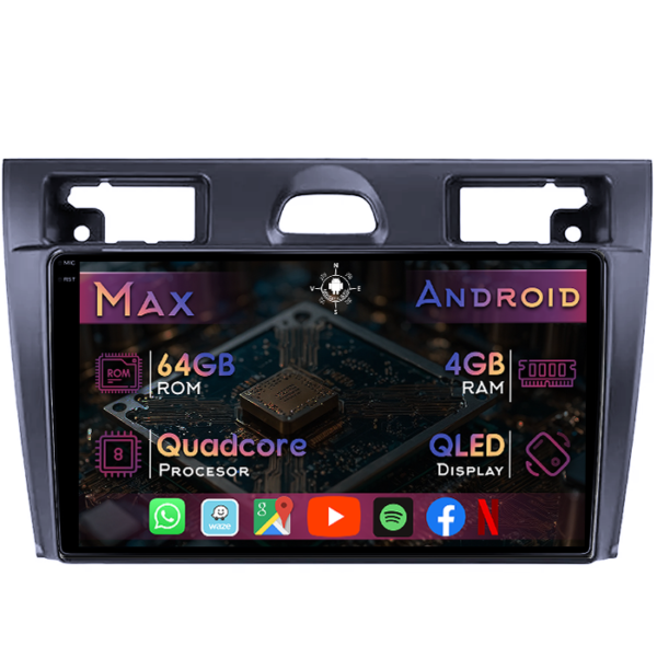 Navigatie dedicata Ford Fiesta Mk5 2002-2008, 4GB RAM 64GB ROM, Quad Core, Display 9" QLED 1K, Carplay&Android Auto, Android 14, Suport camere AHD