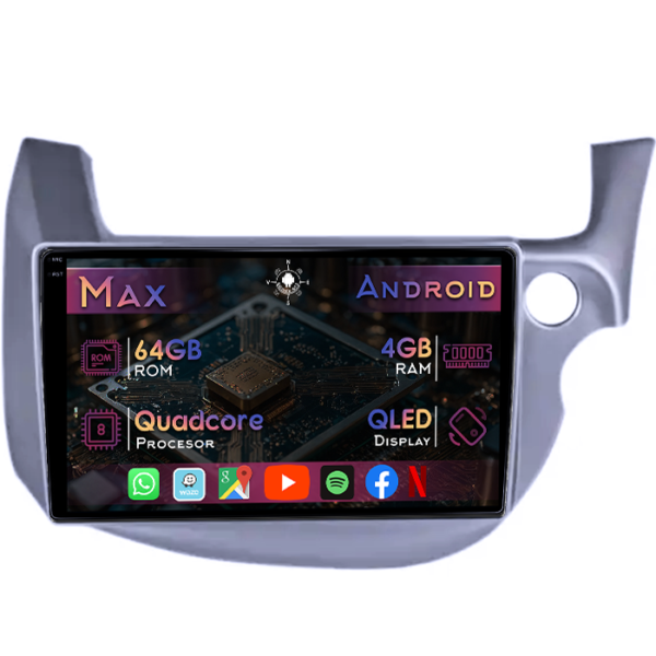 Navigatie dedicata Honda Fit/Jazz 2008-2013, 4GB RAM 64GB ROM, Quad Core, Display 10" QLED 1K, Carplay&Android Auto, Android 14, Suport camere AHD