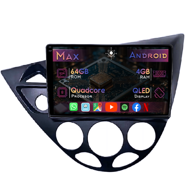 Navigatii dedicate Focus 1 1999-2005, 4GB RAM 64GB ROM, Quad Core, Display 9" QLED 1K, Carplay&Android Auto, Android 14, Suport camere AHD