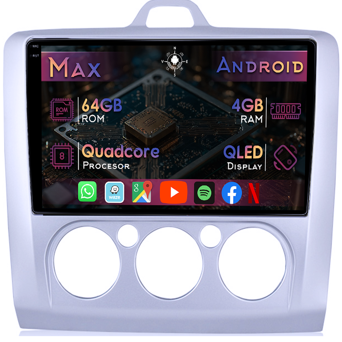 Navigatie dedicata Ford Focus 2 2004-2011, Clima manuala, 4GB RAM 64GB ROM, Quad Core, Display 9" QLED 1K, Carplay&Android Auto, Android 14, Suport camere AHD - imagine 1