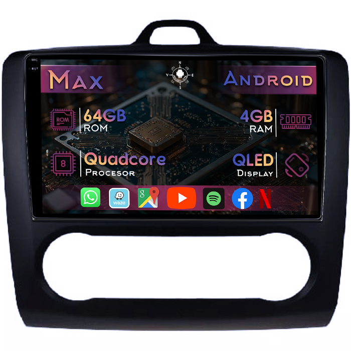Navigatie dedicata Focus 2 2004-2011 Clima Automata, Neagra, 4GB RAM 64GB ROM, Quad Core, Display 9" QLED 1K, Carplay&Android Auto, Android 14, Suport camere AHD - imagine 1