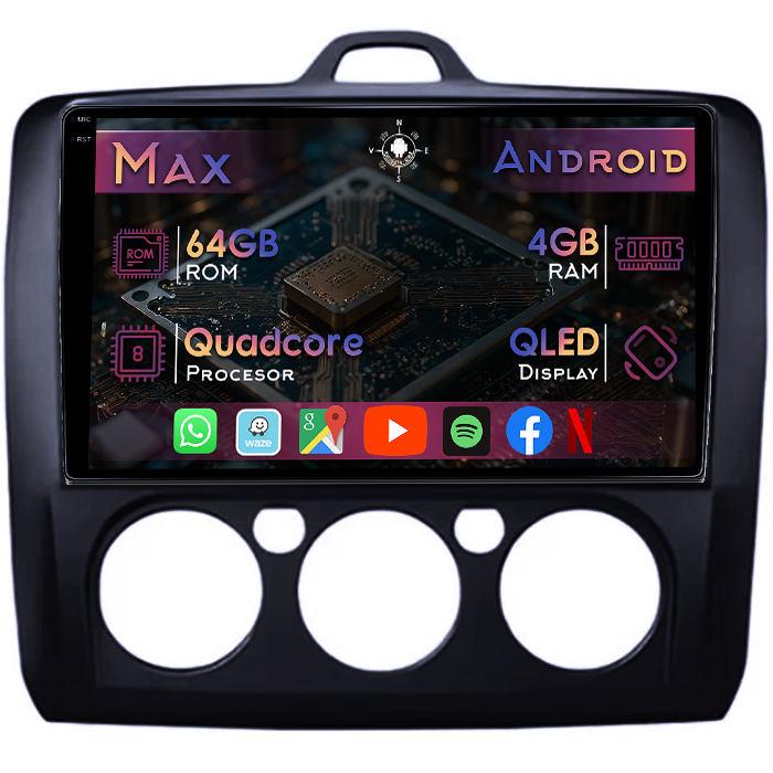 Navigatie dedicata Focus 2 2004-2011 Clima Manuala, Neagra, 4GB RAM 64GB ROM, Quad Core, Display 9" QLED 1K, Carplay&Android Auto, Android 14, Suport camere AHD - imagine 1