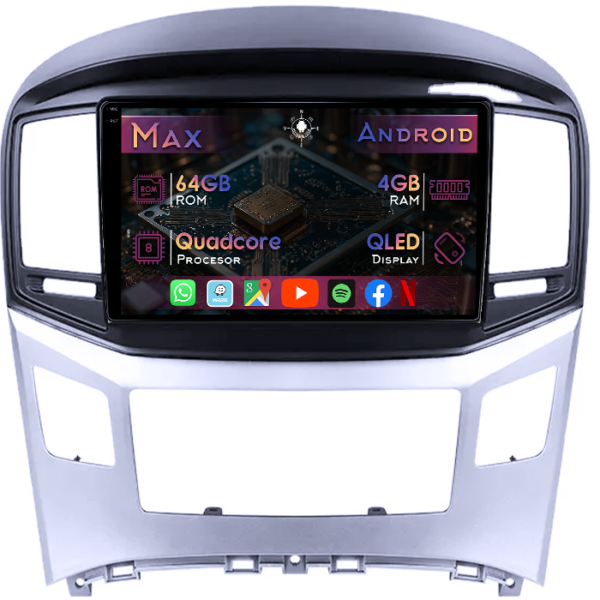 Navigatie dedicata Hyundai H1 2017-2018, 4GB RAM 64GB ROM, Quad Core, Display 9" QLED 1K, Carplay&Android Auto, Android 14, Suport camere AHD