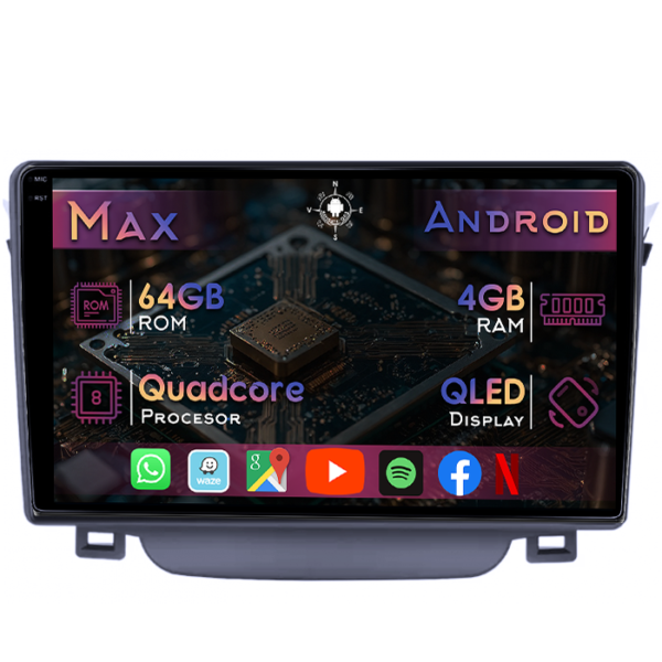 Navigatie dedicata Hyundai I30 2011-2015, 4GB RAM 64GB ROM, Quad Core, Display 9" QLED 1K, Carplay&Android Auto, Android 14, Suport camere AHD