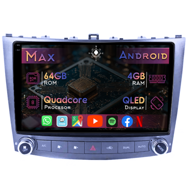 Navigatie dedicata Lexus Seria IS Gen 2 2005-2012, 4GB RAM 64GB ROM, Quad Core, Display 9" QLED 1K, Carplay&Android Auto, Android 14, Suport camere AHD