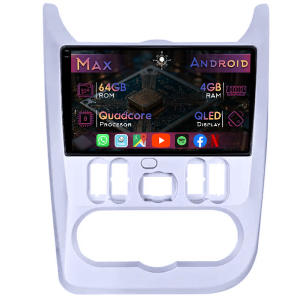 Navigatie dedicata Renault Logan 2009-2015, 4GB RAM 64GB ROM, Quad Core, Display 9" QLED 1K, Carplay&Android Auto, Android 14, Suport camere AHD