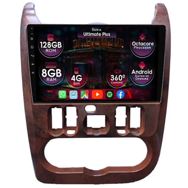 Navigatie dedicata Dacia Logan 2008-2013, Brown, 8GB RAM 128GB ROM, Octacore, Platforma TS18, Display 9" QLED, Carplay&Android Auto, Android 14, Ventilator Activ