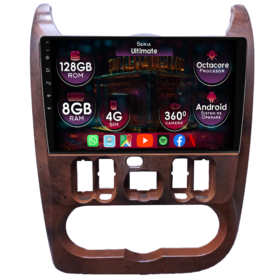 Navigatie dedicata Dacia Logan 2008-2013, brown, 8GB RAM 128GB ROM, Octacore, Platforma 7862, Display 9" QLED, Carplay&Android Auto, Android 14, Ventilator Activ - imagine 1