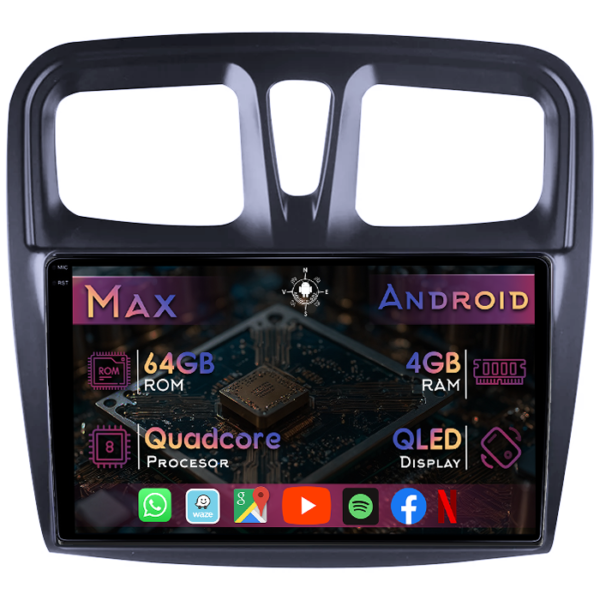 Navigatie dedicata Renault Logan 2014-2019, 4GB RAM 64GB ROM, Quad Core, Display 9" QLED 1K, Carplay&Android Auto, Android 14, Suport camere AHD