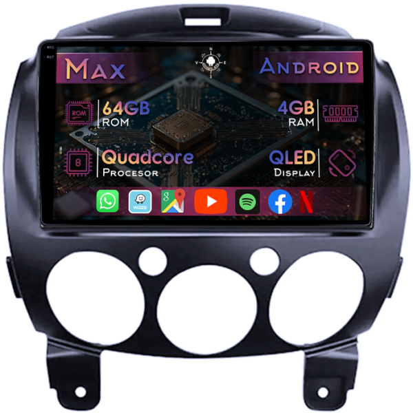 Navigatie dedicata Mazda 2 2007-2014, 4GB RAM 64GB ROM, Quad Core, Display 9" QLED 1K, Carplay&Android Auto, Android 14, Suport camere AHD