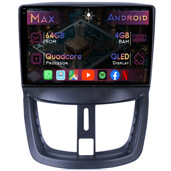 Navigatie dedicata Peugeot 207 2006-2015, 4GB RAM 64GB ROM, Quad Core, Display 9" QLED 1K, Carplay&Android Auto, Android 14, Suport camere AHD