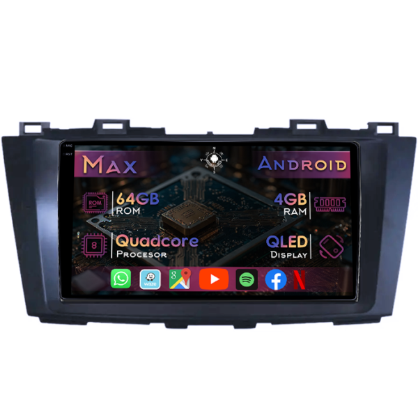 Navigatie dedicata Mazda 5 2010-2017, 4GB RAM 64GB ROM, Quad Core, Display 9" QLED 1K, Carplay&Android Auto, Android 14, Suport camere AHD