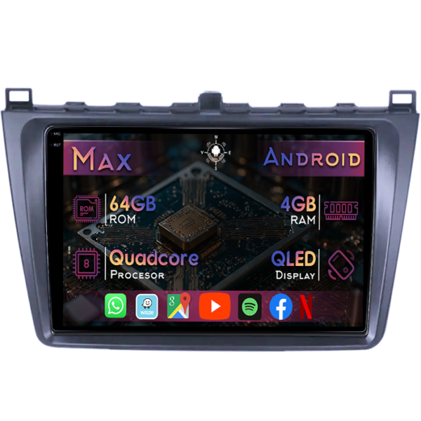 Navigatie dedicata Mazda 6 2008-2013, 4GB RAM 64GB ROM, Quad Core, Display 9" QLED 1K, Carplay&Android Auto, Android 14, Suport camere AHD