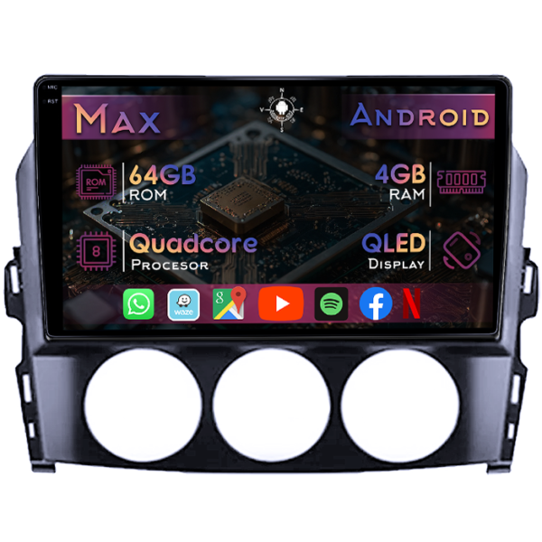 Navigatie dedicata Mazda MX-5 2008-2015, 4GB RAM 64GB ROM, Quad Core, Display 9" QLED 1K, Carplay&Android Auto, Android 14, Suport camere AHD