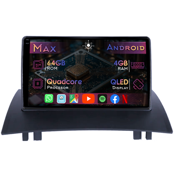 Navigatie dedicata Renault Megane 2 2001-2009, 4GB RAM 64GB ROM, Quad Core, Display 9" QLED 1K, Carplay&Android Auto, Android 14, Suport camere AHD