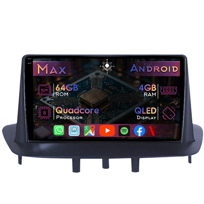 Navigatie dedicata Renault Megane 3 2008-2014, 4GB RAM 64GB ROM, Quad Core, Display 9" QLED 1K, Carplay, Android 13, Bluetooth, Magazin Play, Suport camere AHD - imagine 1