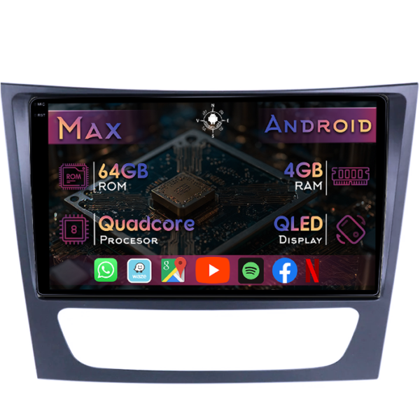 Navigatie dedicata Mercedes E Class W211 2003-2009, 4GB RAM 64GB ROM, Quad Core, Display 9" QLED 1K, Carplay&Android Auto, Android 14, Suport camere AHD