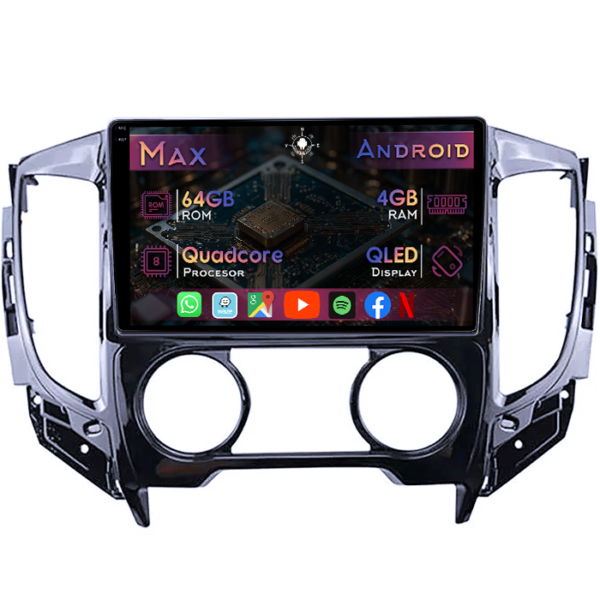 Navigatie dedicata Mitsubishi Triton 2015, 4GB RAM 64GB ROM, Quad Core, Display 9" QLED 1K, Carplay&Android Auto, Android 14, Suport camere AHD
