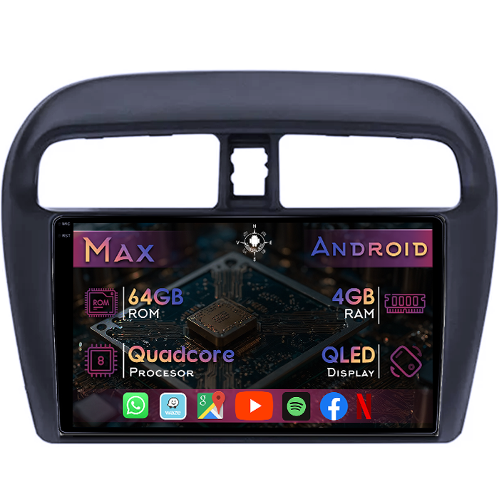 Navigatie dedicata Mitsubishi Mirage Attrage 2012-2018, 4GB RAM 64GB ROM, Quad Core, Display 9" QLED 1K, Carplay&Android Auto, Android 14, Suport camere AHD - imagine 1