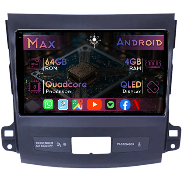 Navigatie dedicata Mitsubishi Outlander 2006-2012, 4GB RAM 64GB ROM, Quad Core, Display 9" QLED 1K, Carplay&Android Auto, Android 14, Suport camere AHD