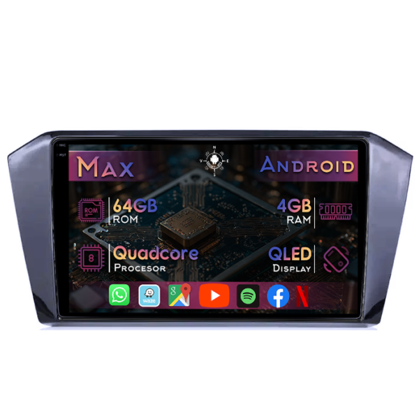 Navigatie dedicata Volkswagen Passat B8 2006+, 4GB RAM 64GB ROM, Quad Core, Display 9" QLED 1K, Carplay&Android Auto, Android 14, Suport camere AHD