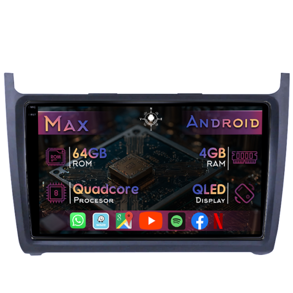 Navigatie dedicata Volkswagen Polo 2009-2018, 4GB RAM 64GB ROM, Quad Core, Display 9" QLED 1K, Carplay&Android Auto, Android 14, Suport camere AHD