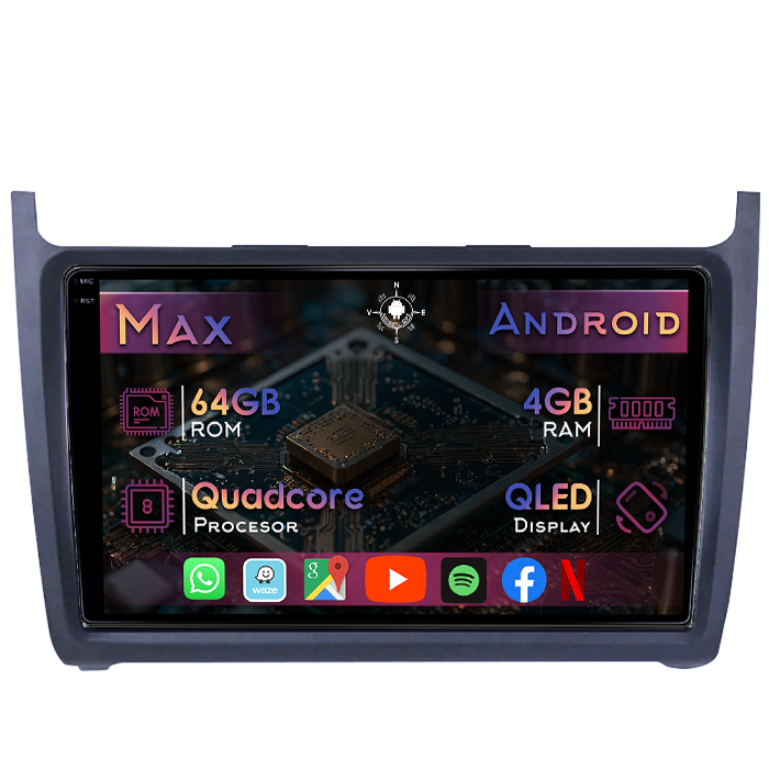 Navigatie dedicata Volkswagen Polo 2009-2018, 4GB RAM 64GB ROM, Quad Core, Display 9" QLED 1K, Carplay&Android Auto, Android 14, Suport camere AHD - imagine 1