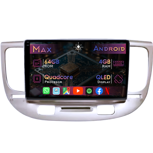 Navigatie dedicata Kia Rio 2005-2011, 4GB RAM 64GB ROM, Quad Core, Display 9" QLED 1K, Carplay&Android Auto, Android 14, Suport camere AHD