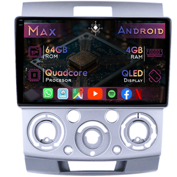 Navigatie dedicata Ford Ranger 2006-2011, 4GB RAM 64GB ROM, Quad Core, Display 9" QLED 1K, Carplay&Android Auto, Android 14, Suport camere AHD