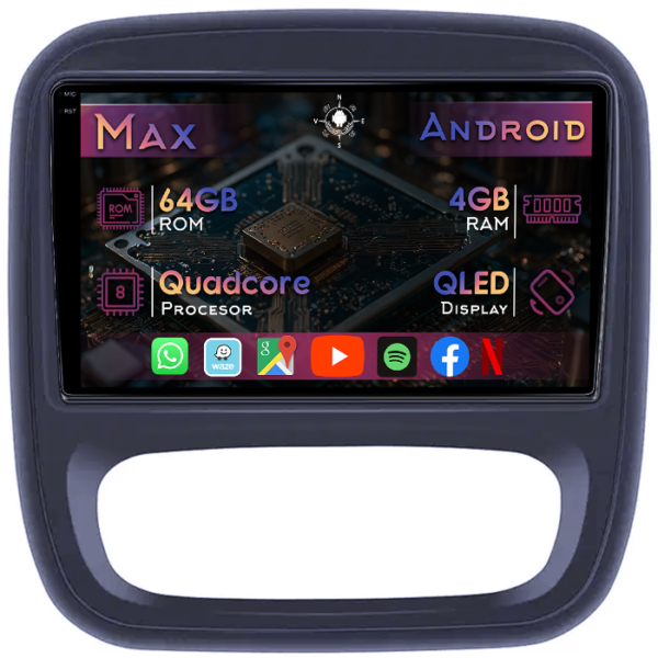 Navigatie dedicata Renault Trafic 3 2014+, 4GB RAM 64GB ROM, Quad Core, Display 9" QLED 1K, Carplay&Android Auto, Android 14, Suport camere AHD