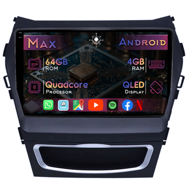Navigatie dedicata Hyundai Santa Fe 3 IX45 2012-2018,4GB RAM 64GB ROM, Quad Core, Display 9" QLED 1K, Carplay&Android Auto, Android 14, Suport camere AHD