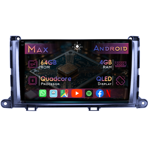 Navigatie dedicata Toyota Sienna 2009-2014, 4GB RAM 64GB ROM, Quad Core, Display 9" QLED 1K, Carplay&Android Auto, Android 14