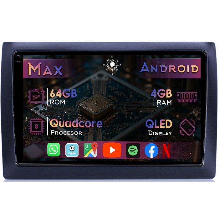 Navigatie dedicata Fiat Stilo 2010, 4GB RAM 64GB ROM, Quad Core, Display 9" QLED 1K, Carplay&Android Auto, Android 14, Suport camere AHD - imagine 1